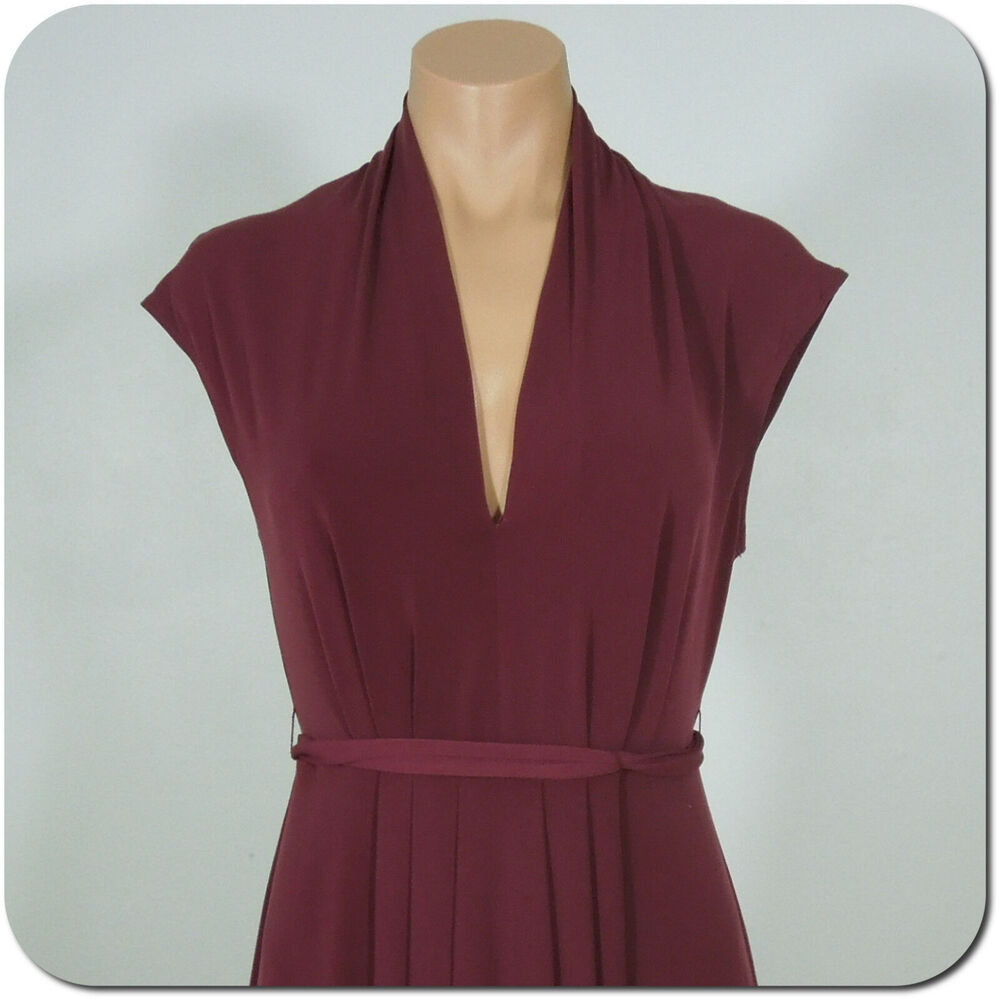 MAX AND CLEO Dress XS Womens Burgundy V-Neck Pleated Front Tie Waist